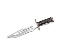 Muela Cuchillo MAGNUM-23.TO Cuchillo MAGNUM-23 hoja de acero MoVa de 23 cm y empuñadura de asta de ciervo para Caza, Supervivencia y Bushcraft Realizado en Ciudad Real + Portabotellas de regalo