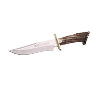 Muela Cuchillo MAGNUM MAGNUM-17S hoja de acero MoVa de 18 cm y empuñadura de asta de ciervo para Caza, Pesca, Supervivencia y Bushcraft Realizado en Ciudad Real + Portabotellas de regalo