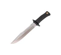 Muela Cuchillo Mirage MIRAGE-20 hoja de acero MoVa de 20 cm y empuñadura de goma negra para Caza, Pesca, Supervivencia y Bushcraft Realizado en Ciudad Real + Portabotellas de regalo
