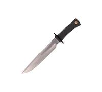 Muela Cuchillo Mirage MIRAGE-23 hoja de acero MoVa de 23 cm y empuñadura de goma negra para Caza, Pesca, Supervivencia y Bushcraft Realizado en Ciudad Real + Portabotellas de regalo