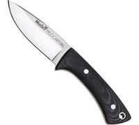 Muela Cuchillo PECCARY-8M hoja de acero MoVa de 8 cm y empuñadura de micarta negra para Caza, Pesca, Supervivencia y Bushcraft Realizado en Ciudad Real + Portabotellas de regalo