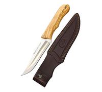 Muela Cuchillo PIONEER-14.OL hoja de acero MoVa de 14 cm y empuñadura de madera de olivo para Caza, Pesca, Supervivencia y Bushcraft Realizado en Ciudad Real + Portabotellas de regalo