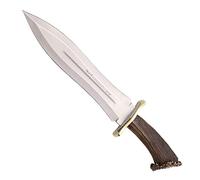 Muela Cuchillo PODENQUERO-S hoja de acero MoVa de 26 cm y empuñadura de roseta de ciervo para Caza, Pesca, Supervivencia y Bushcraft Realizado en Ciudad Real + Portabotellas de regalo