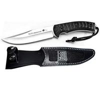 Muela Cuchillo PREDATOR-14W hoja de acero MoVa de 12,5 cm y empuñadura de micarta gris biselada para Caza, Pesca, Supervivencia y Bushcraft Realizado en Ciudad Real + Portabotellas de regalo