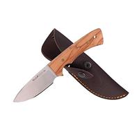 Muela Cuchillo Rhino RHINO-9.OL hoja de acero ACX-380 de 9 cm y empuñadura de olivo para Caza, Pesca, Supervivencia y Bushcraft Realizado en Ciudad Real + Portabotellas de regalo