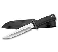 Muela Cuchillo SCORPION-18W hoja de acero MoVa de 18 cm y empuñadura de goma para Caza, Pesca, Supervivencia y Bushcraft Realizado en Ciudad Real + Portabotellas de regalo