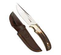 Muela Cuchillo SETTER-11A hoja de acero ACX-380 de 11 cm y empuñadura de asta de ciervo para Caza, Pesca, Supervivencia y Bushcraft Realizado en Ciudad Real + Portabotellas de regalo