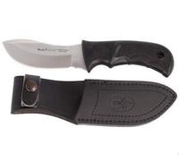 Muela Cuchillo SIOUX-10G hoja de acero MoVa de 10 cm y empuñadura de goma negra para Caza, Pesca, Supervivencia y Bushcraft Realizado en Ciudad Real + Portabotellas de regalo