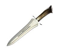 Muela Cuchillo URSUS-25S hoja de acero MoVa de 25 cm y empuñadura de roseta de ciervo para Caza, Pesca, Supervivencia y Bushcraft Realizado en Ciudad Real + Portabotellas de regalo