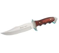 Muela Cuchillo Venecia 21733 hoja de acero de MoVa de 16 cm y empuñadura de madera de coral para Caza, Pesca, Supervivencia y Bushcraft Realizado en Ciudad Real + Portabotellas de regalo