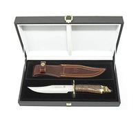 Muela Cuchillo WOLF-16A hoja de acero ACX-380 de 16 cm y empuñadura de asta de ciervo para Caza, Pesca, Supervivencia y Bushcraft Realizado en Ciudad Real + Portabotellas de regalo