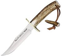 MUELA GRED-16 - Cuchillo de caza con mango de cuerno de ciervo auténtico con funda de cuero, dorado
