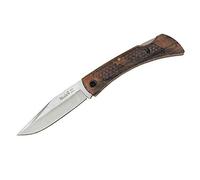 Muela Navaja BT-9NG hoja de acero MoVa de 9 cm y empuñadura de nogal turco para Caza, Pesca, Supervivencia y Bushcraft Realizado en Ciudad Real + Portabotellas de regalo