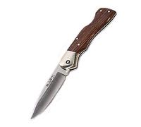 Muela Navaja BX-8NL con Hoja de Acero MoVa de 8,5 cm y empuñadura de Madera de palovioleta y Alpaca de 10 cm para Caza, Pesca, Supervivencia y Bushcraft + Portabotellas de Regalo