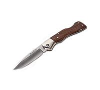 Muela Navaja BX-8R con Hoja de Acero MoVa de 8,5 cm y empuñadura de Madera de Coral y Alpaca de 10 cm para Caza, Pesca, Supervivencia y Bushcraft + Portabotellas de Regalo