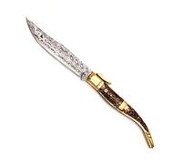 Muela Navaja de lujo CURRO-A.DAM hoja de acero damasco de 10,5 cm y empuñadura de asta de ciervo para Caza, Pesca, Supervivencia y Bushcraft Realizado en Ciudad Real + Portabotellas de regalo