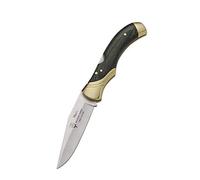 Muela Navaja GL-10G hoja de acero ACX-380 de 9,5 cm y empuñadura de madera prensada verde con alpaca para Caza, Pesca, Supervivencia y Bushcraft Realizado en Ciudad Real + Portabotellas de regalo