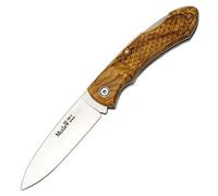 Muela Navaja GT-8.OL hoja de acero MoVa de 8 cm y empuñadura de olivo tallado para Caza, Pesca, Supervivencia y Bushcraft Realizado en Ciudad Real + Portabotellas de regalo