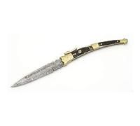 Muela Navaja MB-9A.DAM de lujo hoja de acero damasco de 9 cm y empuñadura de asta de ciervo para Caza, Pesca, Supervivencia y Bushcraft Realizado en Ciudad Real + Portabotellas de regalo-