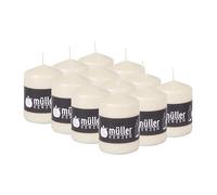 Müller - Juego de 12 velas cilíndricas, color marfil, 57 x 81 mm, larga duración de 15 horas, cera antigoteo, sin olor, calidad RAL