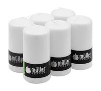 Müller - Juego de 6 velas blancas de columna cilíndrica, color blanco, 68 x 135 mm, larga duración de 40 horas, cera antigoteo, sin olor, calidad RAL