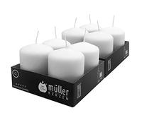 Müller - Juego de 8 velas para pilar, color blanco, 48 x 62 mm, larga duración de combustión: 10 horas, sin goteo, sin perfume, calidad RAL