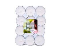 Müller Kerzen Müller Tealights Velas perfumadas Fragancia Antitabaco 39 x 15 mm Duración 4 horas Velas de cera color violeta Recipiente de aluminio antigoteo Juego de 24 velas