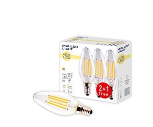 Müller-Licht - 400291 Set A + +, Juego de 3 Retro de LED Forma de Vela, equivalente a 40 W, cristal, 4 W, E14, Plata, 3.5 x 3.5 x 10 cm