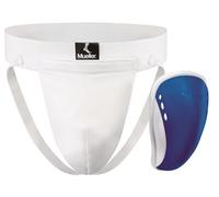 Mueller Sports Medicine Athletic Support Shorts with Flex Shield Cup, White/Blue, Youth Large (Pack of 1)