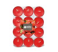 Müller Tealights Velas perfumadas - Fragancia fresa - 39 × 15 mm - Duración 4 horas - Velas de cera color rojo - Recipiente de aluminio antigoteo - Juego de 24 velas