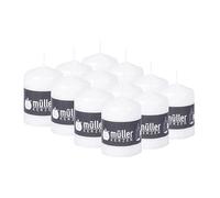 Müller - Velas blancas de columna cilíndrica, juego de 12 velas, color blanco, 57 x 81 mm, larga duración de 15 horas, cera antigoteo, sin olor, calidad RAL