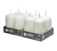 Müller - Velas blancas de columna cilíndrica, juego de 8 velas, 48 x 90 mm, color blanco, larga duración de 16 horas, cera antigoteo, sin olor, calidad RAL