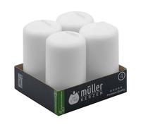 Müller Velas Blancas de Columna Cilíndricas, Juego de 4 Velas, Dim. 48 x 90 mm, color blanco, larga duración de 16 horas, cera antigoteo, sin olor, calidad RAL