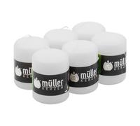 Müller - Velas de columna, 57 x 81 mm, larga duración de combustión: 15 horas, sin fragancia, cera antigoteo, sin olor, calidad RAL (blanco, 6 unidades)
