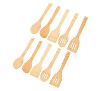 MUELODSIC Juego de 10 de Cocina de Antiadherentes Espátulas y Ranuradas Mango Largo Set Natural para Freír y Voltear Apto para Ollas y Sartenes Delicados Uso Diario Cocina