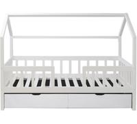 MueMue Cama casita con barandilla + 2 cajones madera blanco 90x190cm