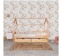 MueMue Cama casita con barandilla + 2 cajones madera pino 90x190cm