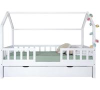 MUEMUE Cama Montessori casita con barandillas Sawyer para Crear Espacios de ensueño. En Color Blanco, de Madera Natural de Pino Macizo. Cama + Cama elevable