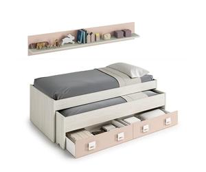 MUEMUE - Cama Nido con cajón y Estante aglomerado Rosa Candy 90x190/90x180cm - MU0M7449 - Solo LA Cama - SIN SOMIERES