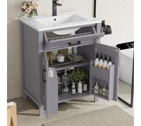 muenfly 60 x 46 x 84,8 cm Armario de baño de pie con lavabo, lavabo, lacado completo, estantes de doble puerta, prácticos cajones, estantes ajustables, lavabo de cerámica integrado, gris