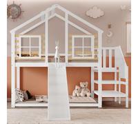 muenfly Bunk Bed Robusta Safety 90 x 200 cm | Slide & Staircase, Log Cabin Kids Bed with Roof, Windows & Underbed Clearance, Solid Wood, White/Natural