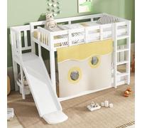 muenfly Bunk Bed Safety-Focused 90 x 200 cm | Staircase & Slide, Space-Saving Kids Bed with Guardrails & Bed Canopy, White, Solid Wood Construction