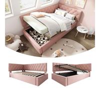 muenfly Cama de día extensible 90 x 200 cm rosa con almacenamiento hidráulico - Cama tapizada, cama juvenil y sofá cama en una funda de terciopelo suave - Estructura de cama con somier de madera