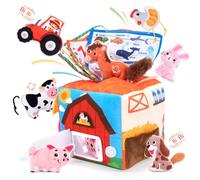 muenfly Cubo de tela interactivo de granja con animales, juguetes educativos para niños pequeños, peluches suaves y tarjetas de imagen