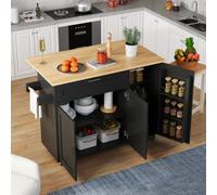 muenfly Isla de cocina negra con encimera plegable, gran carrito de cocina, portátil, 132,5 x 90 x 70 cm, con estante para especias y 5 ruedas, para cocina/comedor