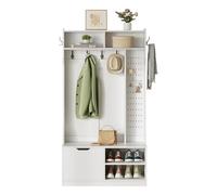 muenfly Juego de perchero con banco y zapatero oculto, 100 cm, 6 ganchos, puerta y tablero, banco de almacenamiento multifuncional, color blanco