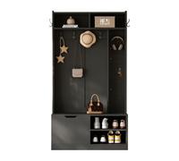 muenfly Juego de perchero con banco y zapatero oculto, 100 cm, 6 ganchos, puerta y tablero, banco de almacenamiento multifuncional, color negro