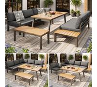 muenfly Juego de salón de jardín para 6 - 7 personas - Sofá exterior resistente a la intemperie y conjunto de comedor con mesa + cubo de hielo integrado, estructura galvanizada resistente, cojín extra