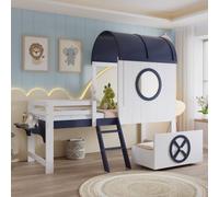 muenfly Litera infantil de 90 x 200 cm con techo, escalera de seguridad y zona de juego inferior, cama media alta con cajón de almacenamiento, color blanco/azul, construcción de madera maciza