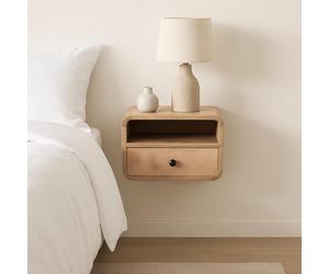 muenfly Mesita de noche de madera maciza montada en la pared con cajón y compartimento abierto, estante para ahorrar espacio para dormitorios y espacios pequeños, color marrón